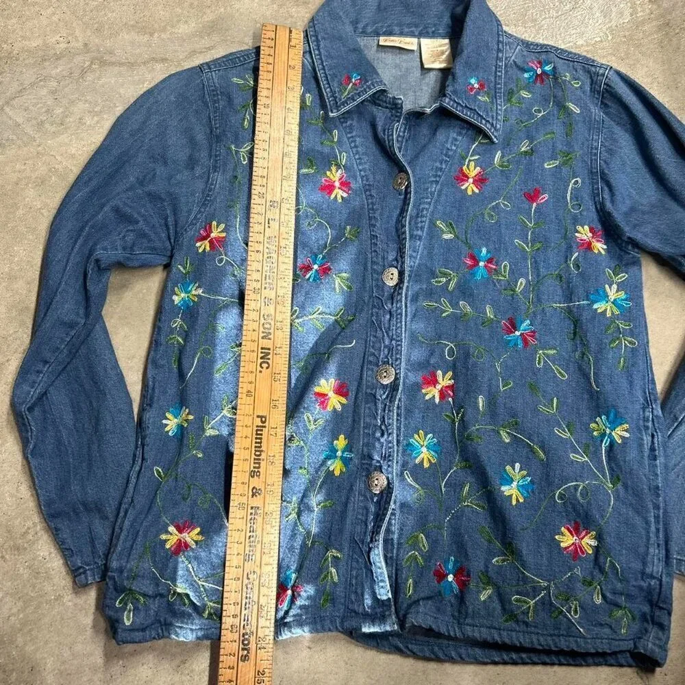Vintage Bobbie Brooks Embroidered Floral Blue Jean Denim Jacket  Women’s Size M